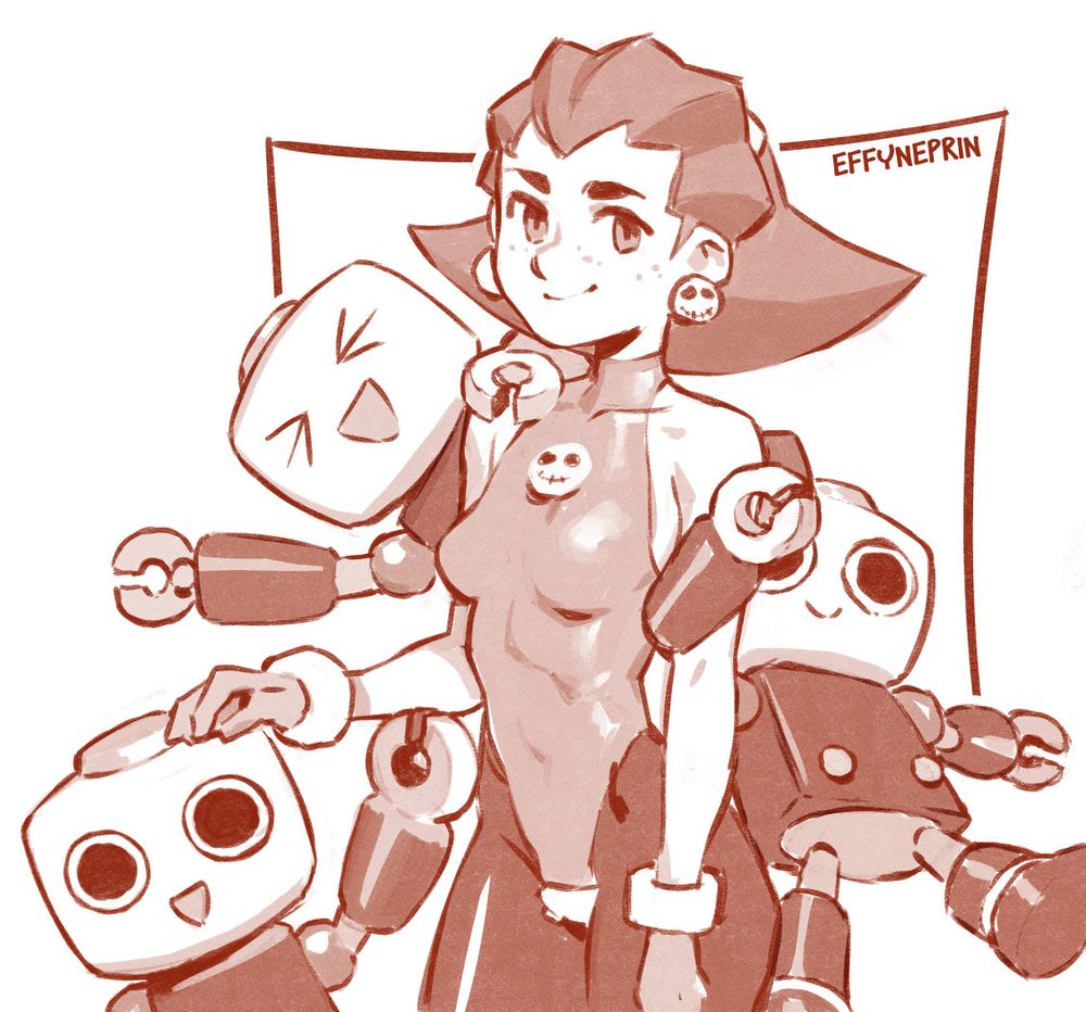 A sketch of Tron Bonne and 3 servbots, one hanging on her shoulder, another with his arm wrapped around hers, and the 3rd is stood beside her as she rests her hand on his head.