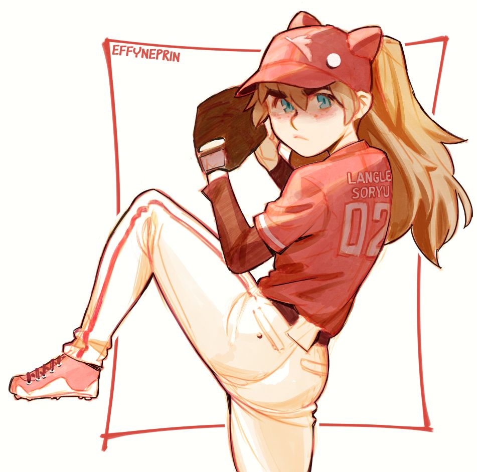 A sketch of Asuka from Evangelion, wearing a baseball outfit and winding up to pitch a ball.