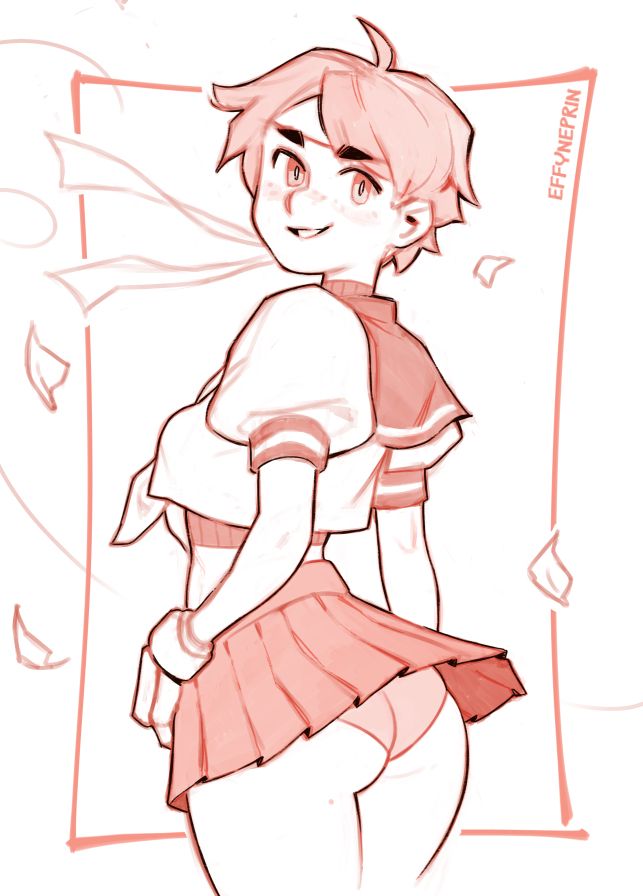 Sakura Kasugano from Street Fighter. Her back is to the viewer and she is looking over her shoulder smiling. A breeze has swept along and lifted the back of her skirt up.