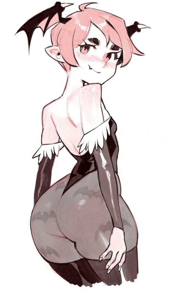 A sketch of Lilith Aensland from behind, in her usual outfit but it's black latex and shiny. She's also wearing long black latex gloves and thigh highs that are squishing her thighs. She has a very big butt.

I didn't draw her wings because from this angle they would cover too much of her butt and I want to see it.