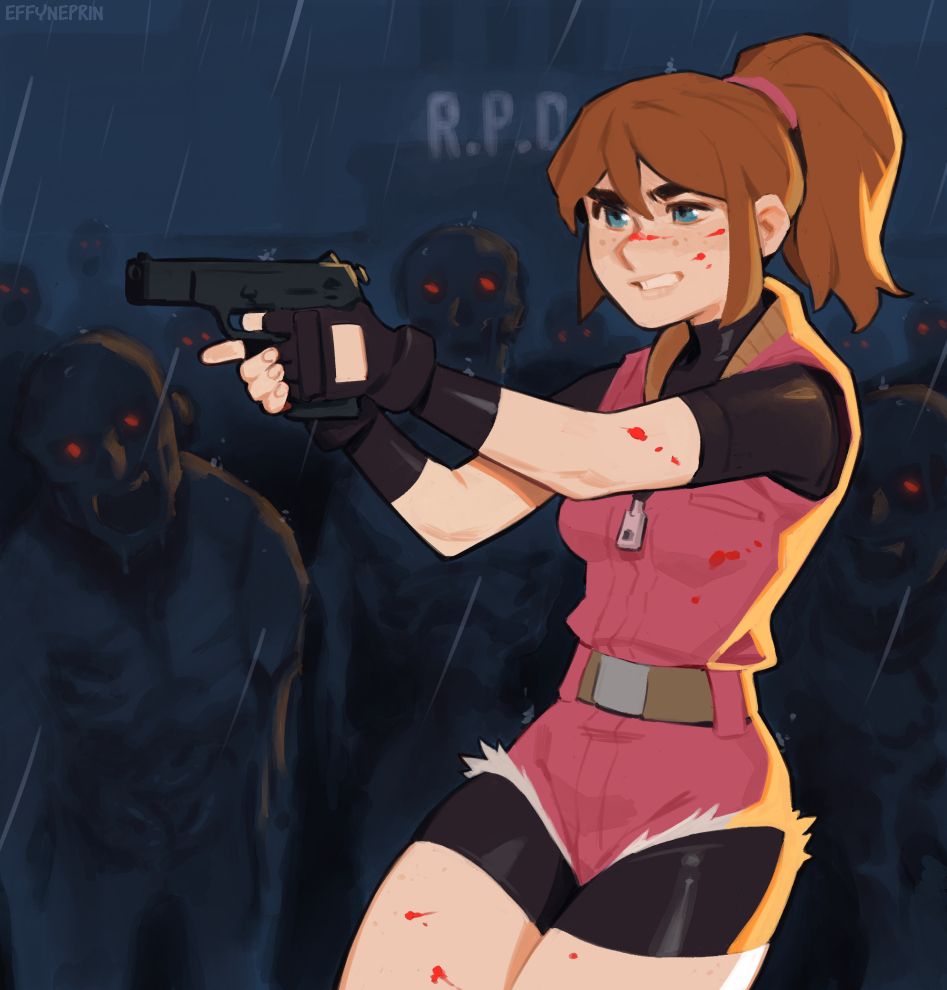A drawing of Claire Redfield in her classic outift from Resident Evil 2 on the Playstation 1.She is holding a pistol and aiming ahead. Spatters of bright blood are dotted about her body.

In the background, a crowd of zombies are swarming her, and behind them we can faintly see a building with a sign above it that reads R.P.D.