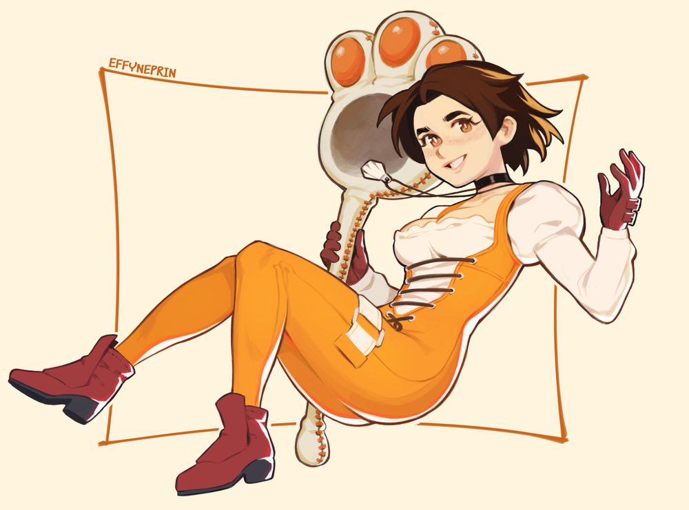 A colour illustration of Garnet from Final Fantasy 9. She is apparently in freefall, her body is in a reclining posture. She is holding a Cat Paw racket in her right hand. She is smiling, so presumably falling in a safe, controlled manner. Or she just jumped on a trampoline and is enjoying herself.