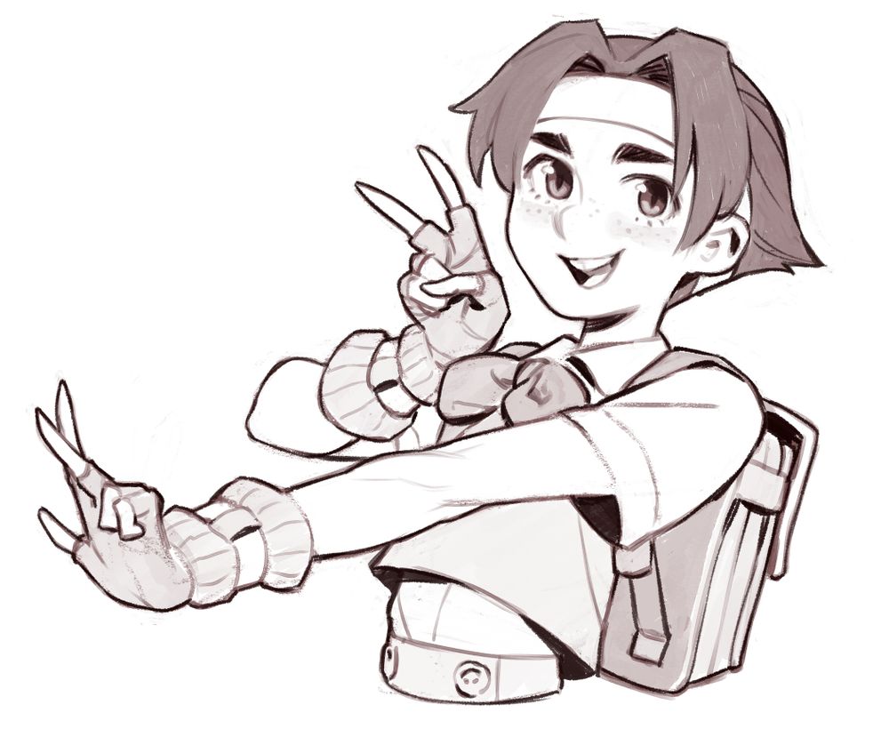 A sketch of Hinata from Project Justice. She's doing a peace sign hand gesture with both hands, her right beside her face, and her left outstretched infront of her.