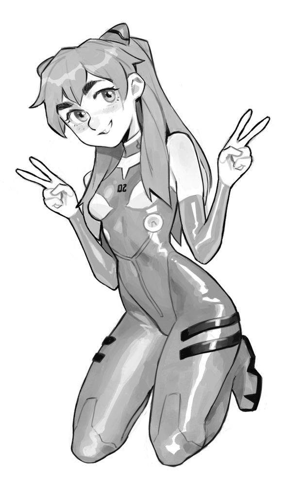 Asuka from Evangelion knelt down in her plugsuit. The suit has been adjusted a little so the sleeves are removed but instead she is wearing some long gloves.

She is smiling and doing peace signs with both her hands. If you look closely, you'll notice I copy pasted the hands.
