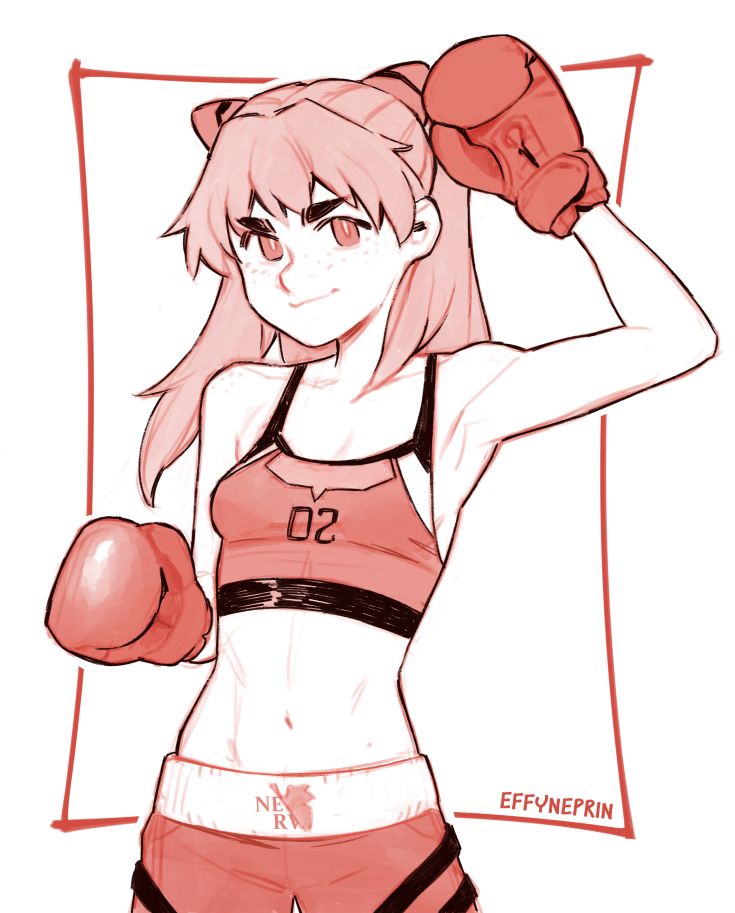 A sketch of Asuka from Evangelion, wearing a sporty top and shorts typical of a boxer. She also has boxing gloves on her hands. Her left hand is raised by her hand and she is smirking at the viewer.