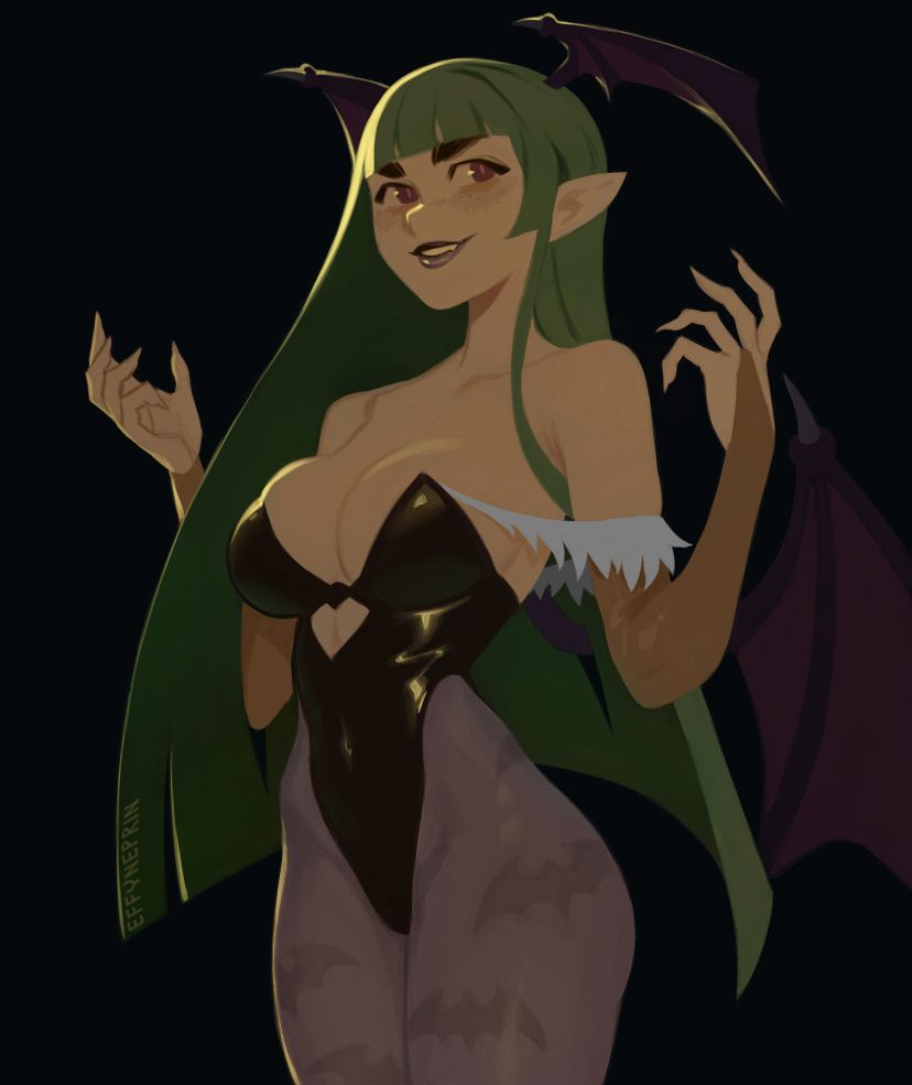 Art of Morrigan from Darkstalkers. The colours are flat and muted. She has her hands lifted by her shoulders, like her idle animation.