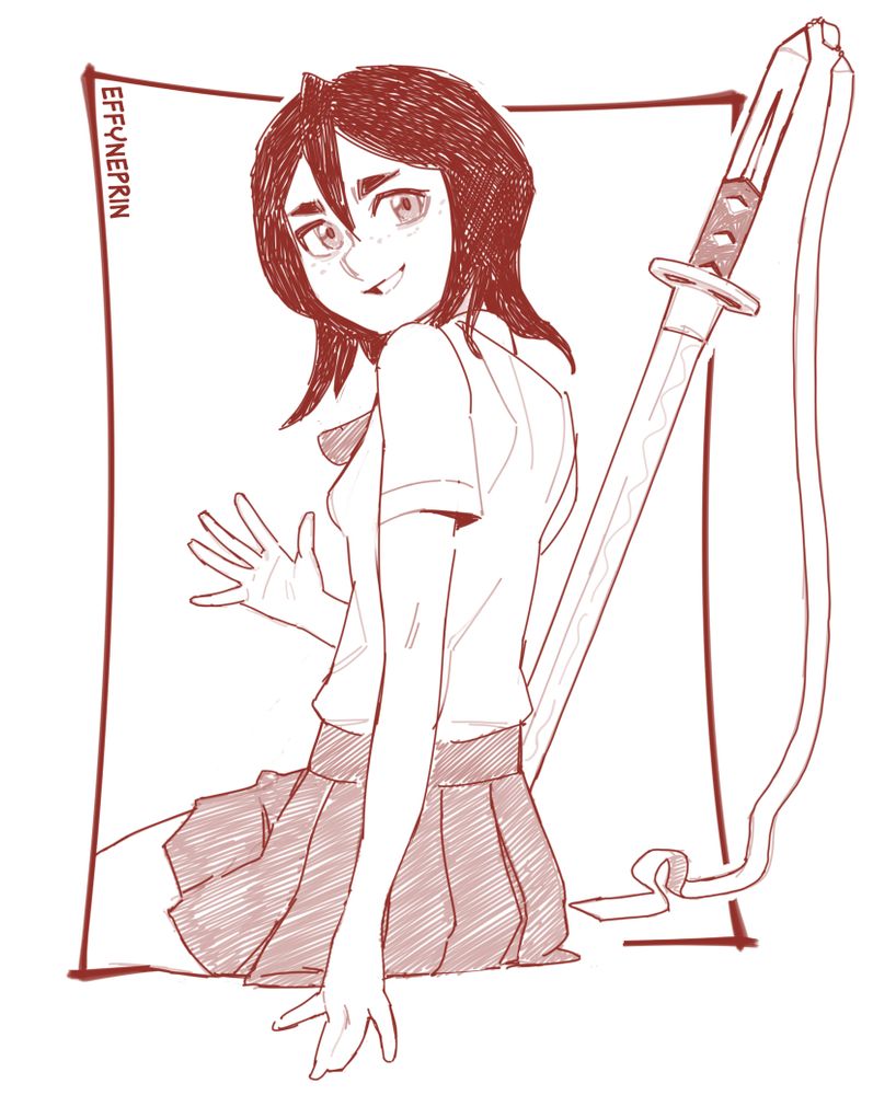 Quick sketch of Rukia Kikuchi, she is sat facing away from the viewer, turning to look over her shoulder. Her left hand is placed at her side and she is waving at us with her right hand. A sword is planted in the ground beside her.