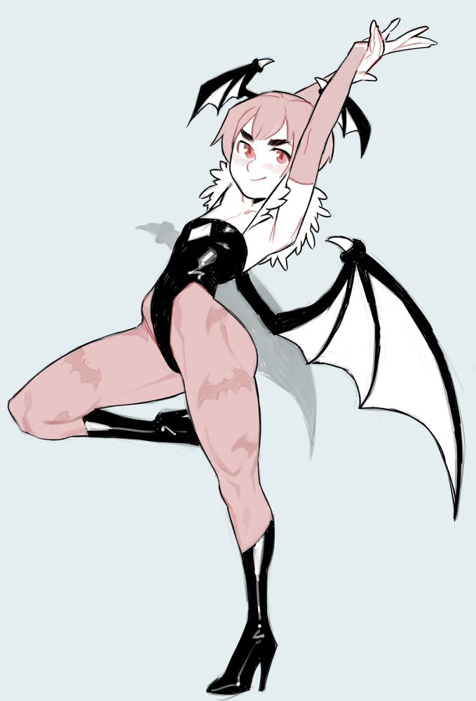 A sketch of Lilith Aensland standing on one leg, the other raised and bent, whilst she stretches her arms above her head. It's an impossible pose, due to the amount of core strength and balance it would require, not to mention the impossible arch of her back. But it's a drawing, so who cares?

I already posted this earlier but then I deleted it because I wanted to fix a couple of things. Don't hold it against me.