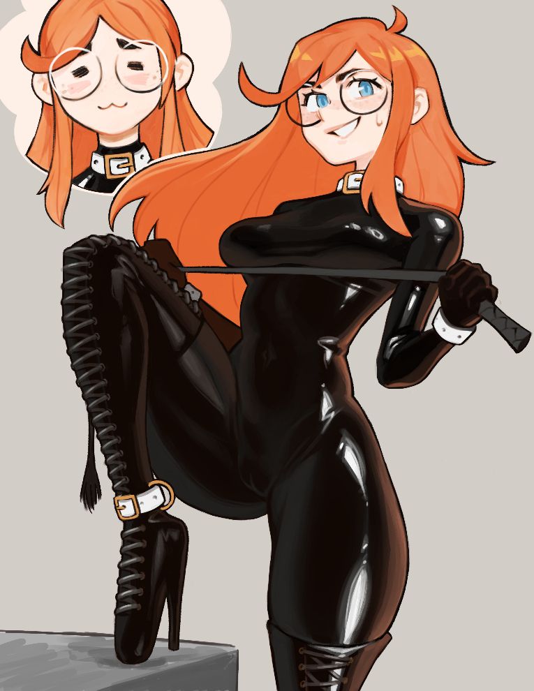A character called Siri, wearing a tight, black latex outfit and thigh high boots with laces. She is holding a whip that she's pulling taut and using to lift her breasts slightly. Her right leg is lifted and propped on something, in a domineering pose. In the corner next to her head is a little bubble showing her face looking sheepish and shy, suggesting that perhaps she isn't as domineering as her pose suggests.