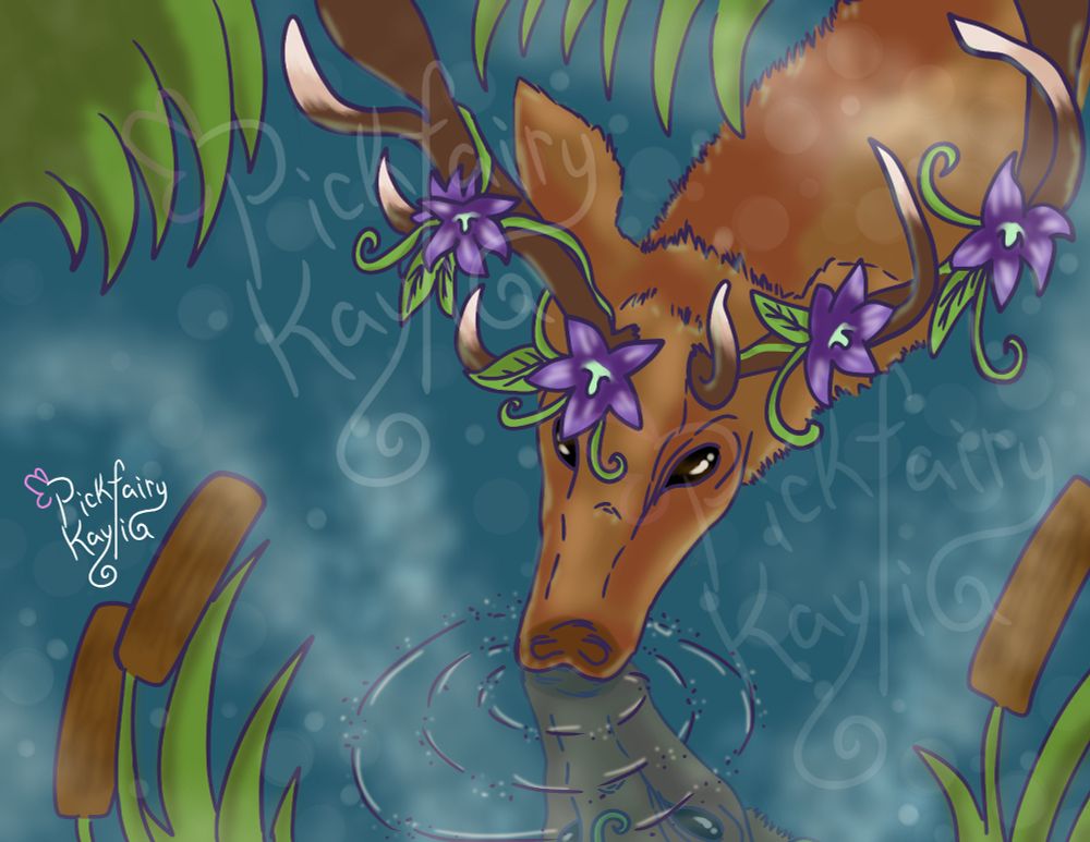 Artwork by moi, tis a deer with flowers along its horns as he drinks some water. 