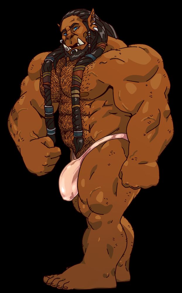 World of Warcraft's Durotan (movie version) in rosegold bodybuilding posers.