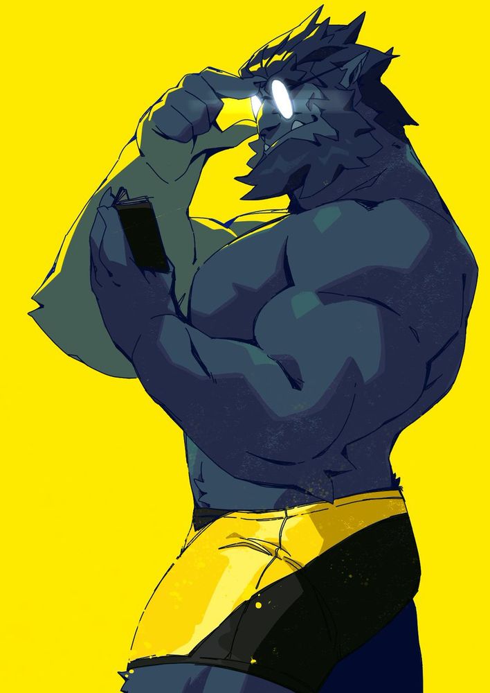 X-Men's Beast, reading a book. Typical. I tried to simplify his design and really wanted to use a simple and limited color palette. Yellow to compliment his blue, and i am a fan of neon toxic colors so cranked it (yellow) up to a 14. He is reading a tiny book to accentuate his size, and we have that anime nerd glasses glare. Slight texturing for style points.