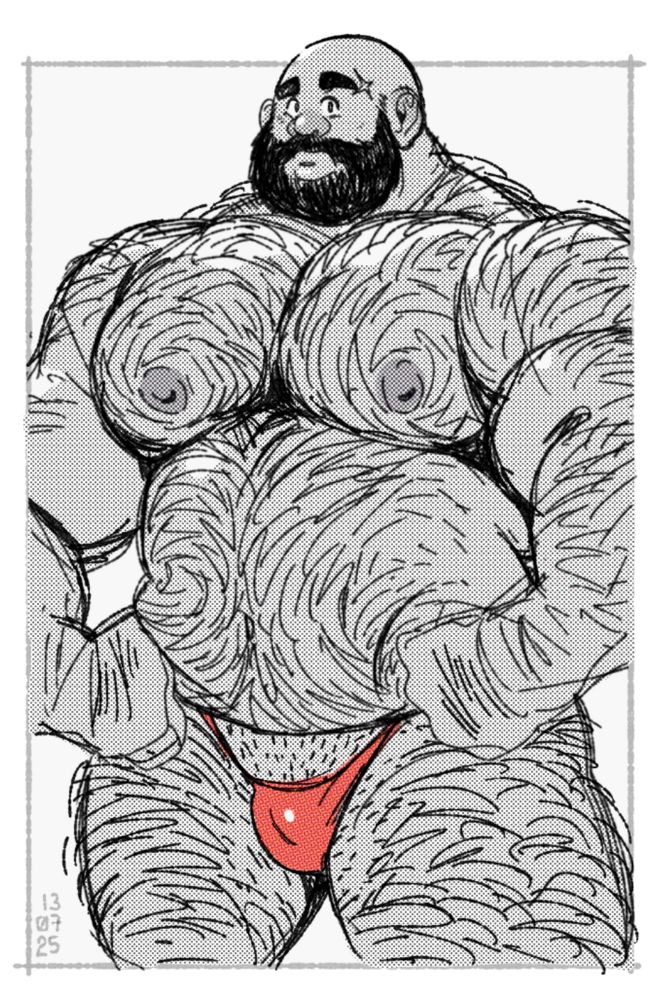 Hairy Musclebear showing off his muscles to the viewer. He is wearing a small red thong.  