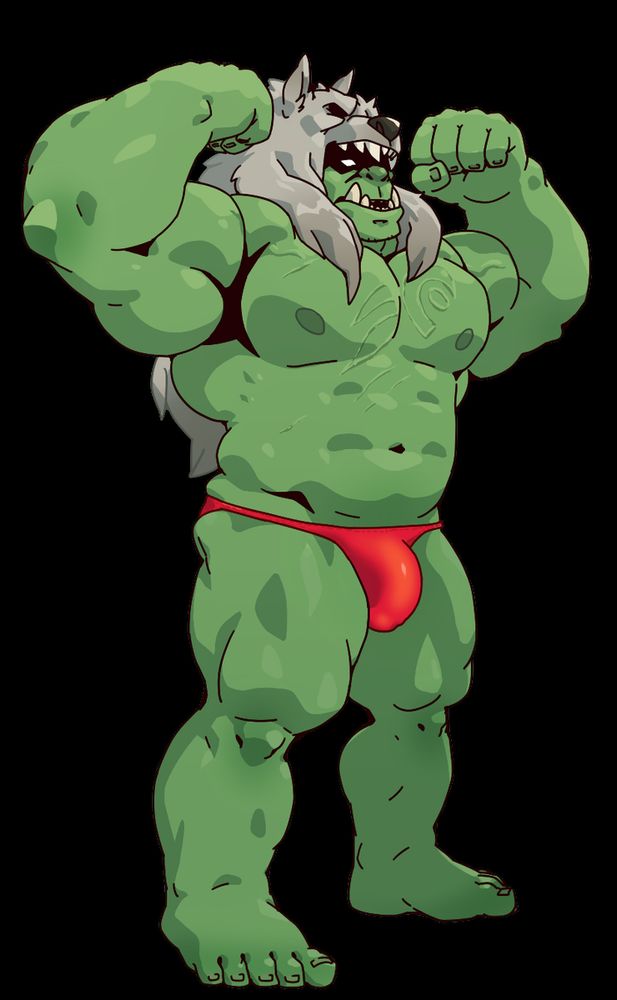 I believe this is Rehgar Earthfury, from World of Warcraft, doing a double biceps pose in red bodybuilding trunks.