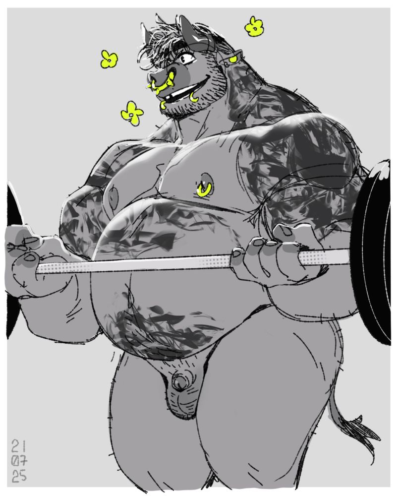 A muscular bull with a big belly (powerlifter build) holding a weight bar doing bicep curls. He has wavy undercut hairstyle and wears toxic yellow color piercings. Pierced earlobe, plug, septum, snake bites and one nipple piercing. He has a gap in his front teeth. The smudges on his body are just an indication or quick placeholder for tattoos. He is naked with his dick and balls on display. His name is too early to be determined, but like any taoren OC he might get a really dumb impractical name. 