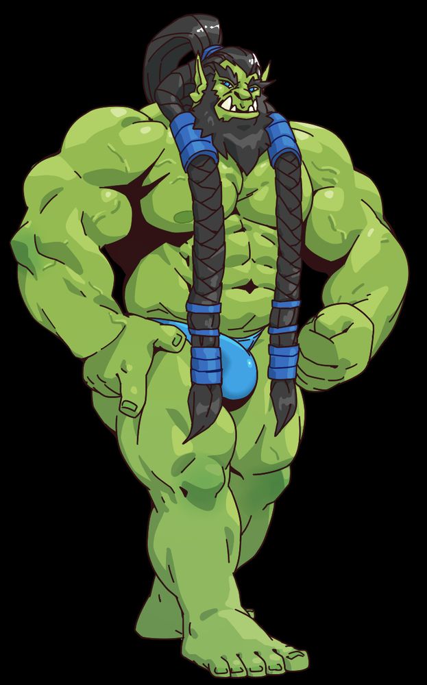 (Young) Thrall from World of Warcraft in light blue bodybuilder posing trunks