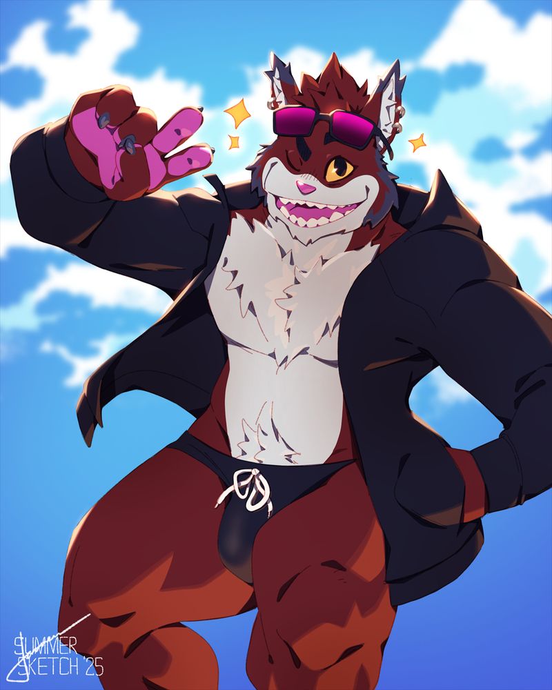 Catguy enthusiastically greeting you. He is wearing a black swim jacket and speedo.