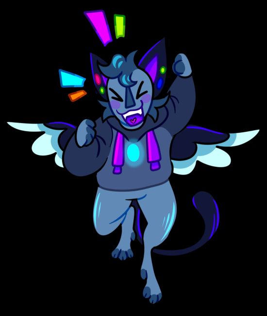 a chibi of the artist's sona (an anthro blue felid alien with wings) jumping up and pumping their fist. their eyes are closed and their mouth is open in a grin, and they have colorful accents around their head. 