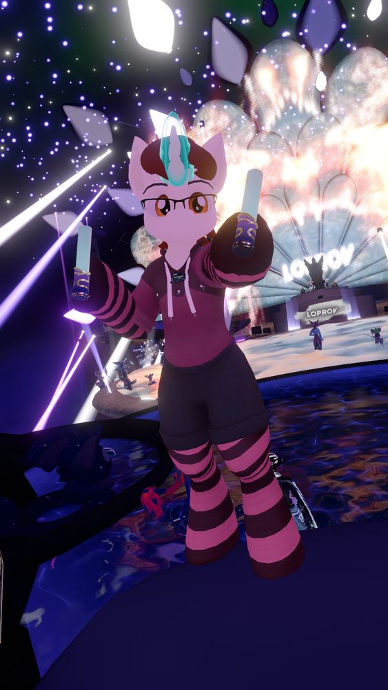 VRChat screenshot of my avatar (a white anthro pony with brown hair, purple hoodie and grey shorts) dancing at Club F.Y.N.N. at Furality.