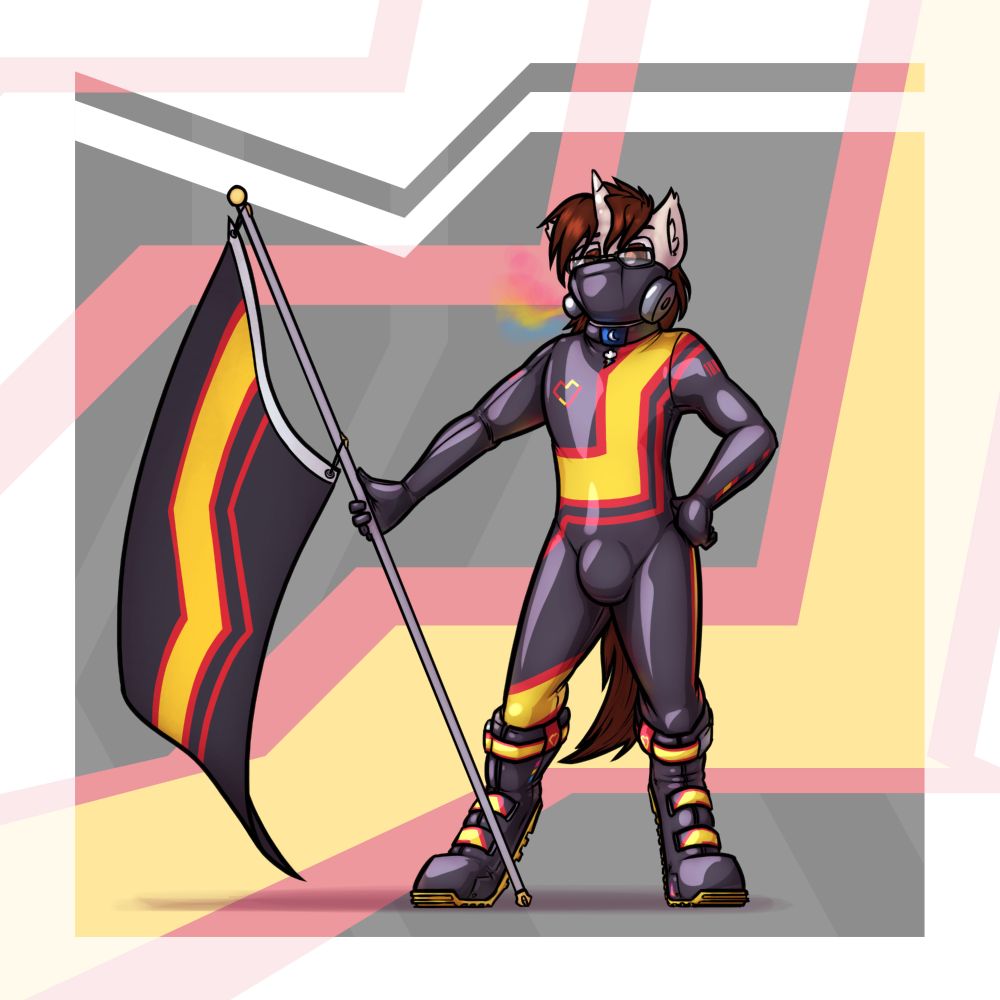 YCH Result from KRD. A white unicorn standing in place with one hand on his hip and the other holding a large pride flag displaying the rubber pride colours. He is wearing a full-body latex suit that is rubber pride themed in black, red and yellow, a half mask exuding fumes in pink, yellow and blue (the colours of the Pan pride flag) and a collar with the symbols of Princess Luna (A white crescent moon) and Rainbow Dash (a white cloud emitting a thunderbolt in red, yellow and blue) on it.