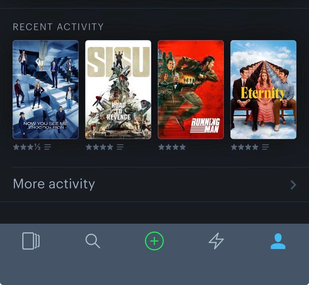 My Letterboxd four most recently watched films, from Left to right are: Now You See Me, Now You Don’t(2025) Sisu: Road to Revenge(2025) The Running Man(2025) and Eternity(2025) 