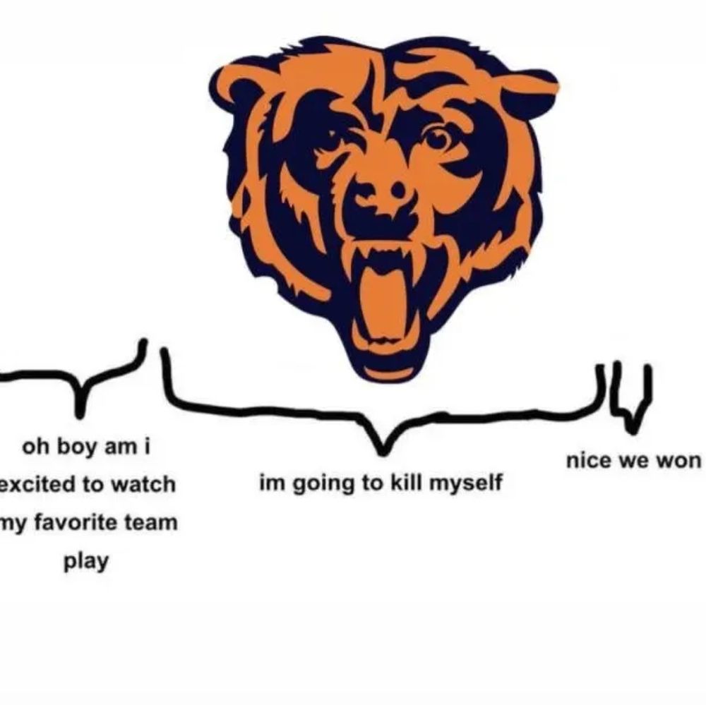 Chicago Bears logo

"Oh boy am I excited to watch my favorite team play"

"I'm going to kill myself"

"Nice we won"