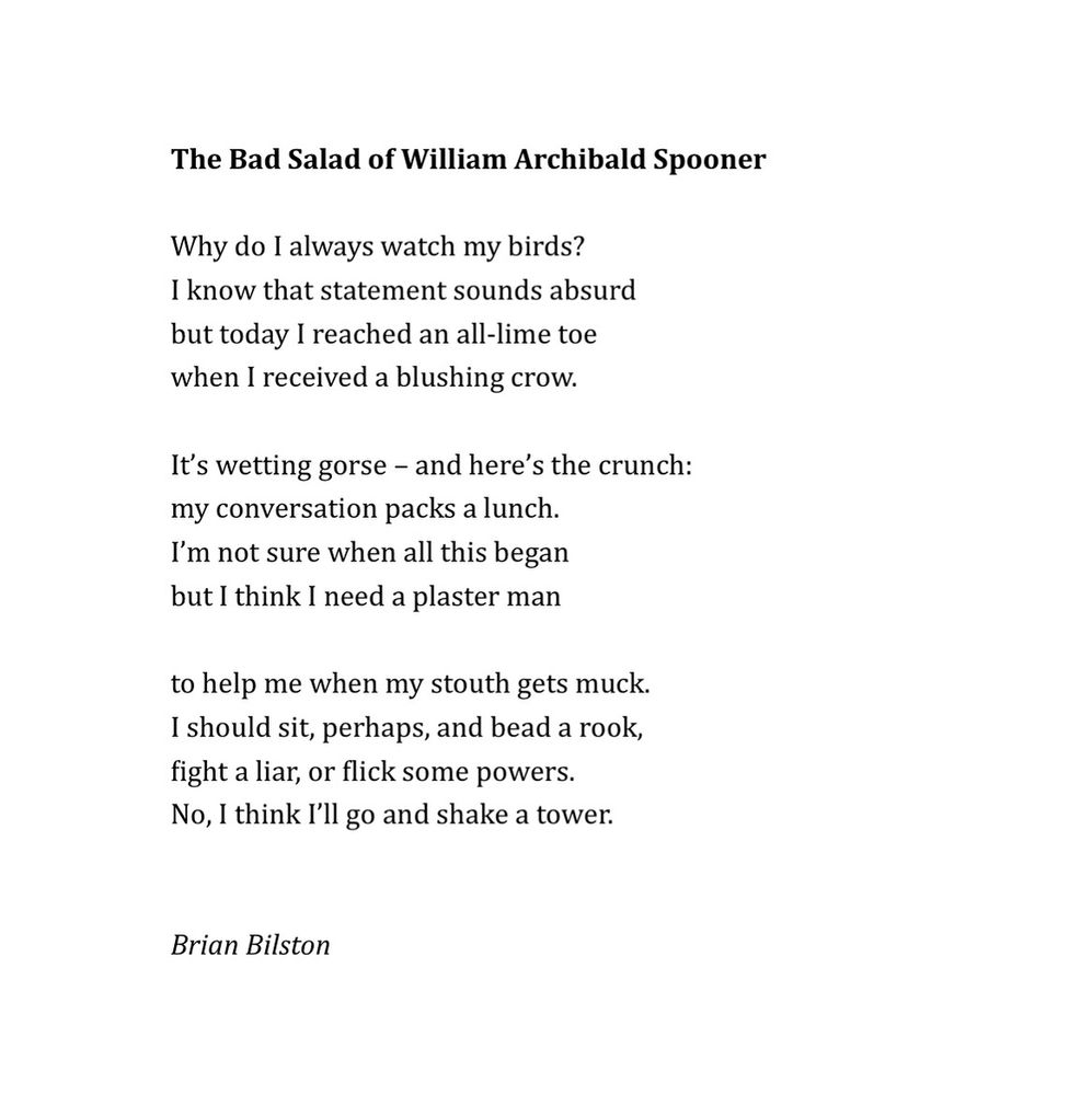 The Bad Salad of William Archibald Spooner
 
Why do I always watch my birds?
I know that statement sounds absurd
but today I reached an all-lime toe
when I received a blushing crow.
 
It’s wetting gorse – and here’s the crunch:
my conversation packs a lunch.
I’m not sure when all this began
but I think I need a plaster man
 
to help me when my stouth gets muck.
I should sit, perhaps, and bead a rook,
fight a liar, or flick some powers.
No, I think I’ll go and shake a tower.


Brian Bilston