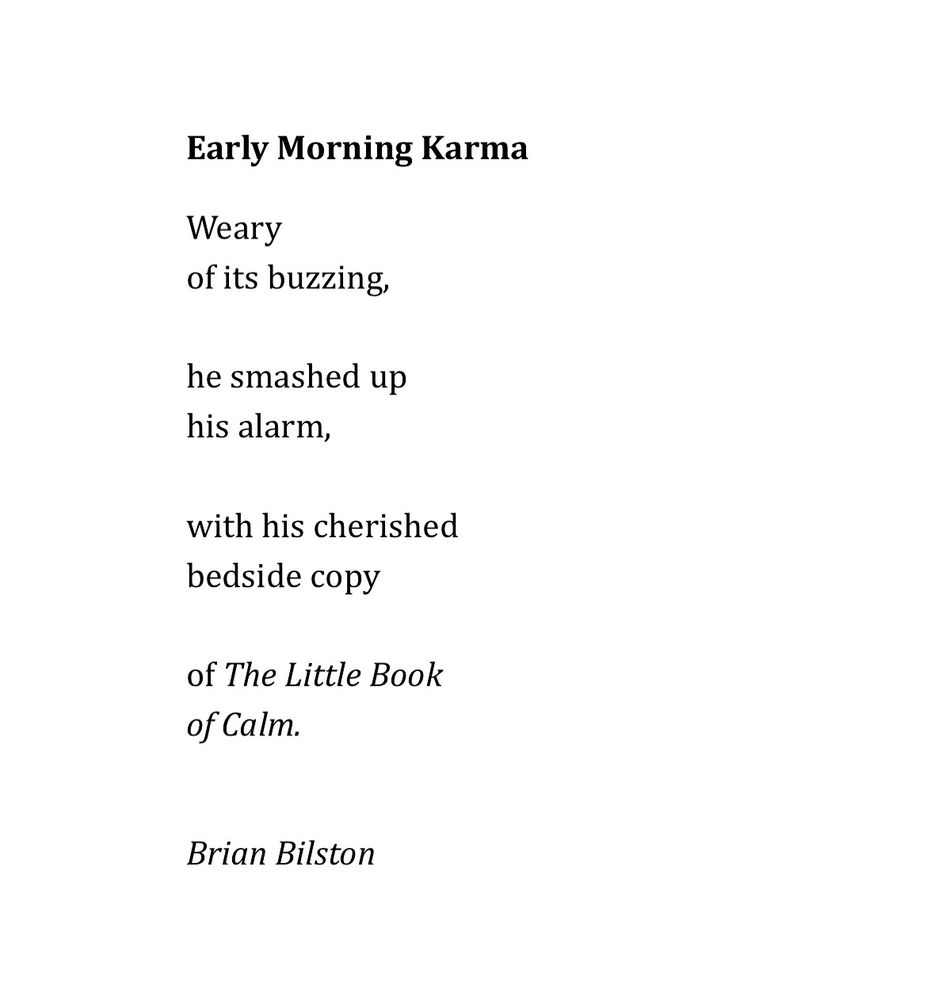 Early Morning Karma

Weary 
of its buzzing,

he smashed up 
his alarm,

with his cherished 
bedside copy

of The Little Book 
of Calm.


Brian Bilston