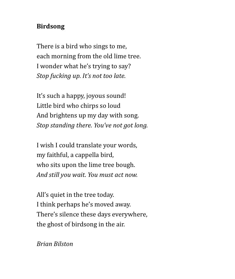 Birdsong
 
There is a bird who sings to me,
each morning from the old lime tree.
I wonder what he’s trying to say?
Stop fucking up. It’s not too late.
 
It’s such a happy, joyous sound!
Little bird who chirps so loud
And brightens up my day with song.
Stop standing there. You’ve not got long.
 
I wish I could translate your words,
my faithful, a cappella bird,
who sits upon the lime tree bough.
And still you wait. You must act now.
 
All’s quiet in the tree today.
I think perhaps he’s moved away.
There’s silence these days everywhere,
the ghost of birdsong in the air.