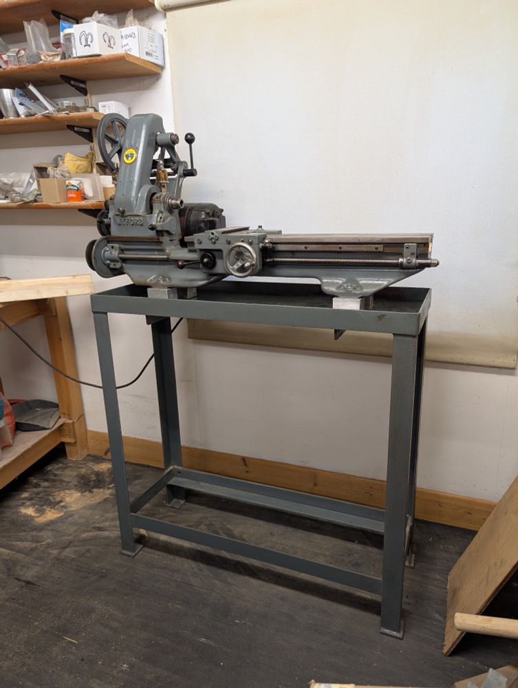 A Myford ML 7 lathe, partially reassembled but clean, oiled and running like a sewing machine.