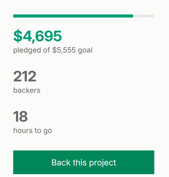 4695/5555. 212 backers. 18 hours to go. back this project.