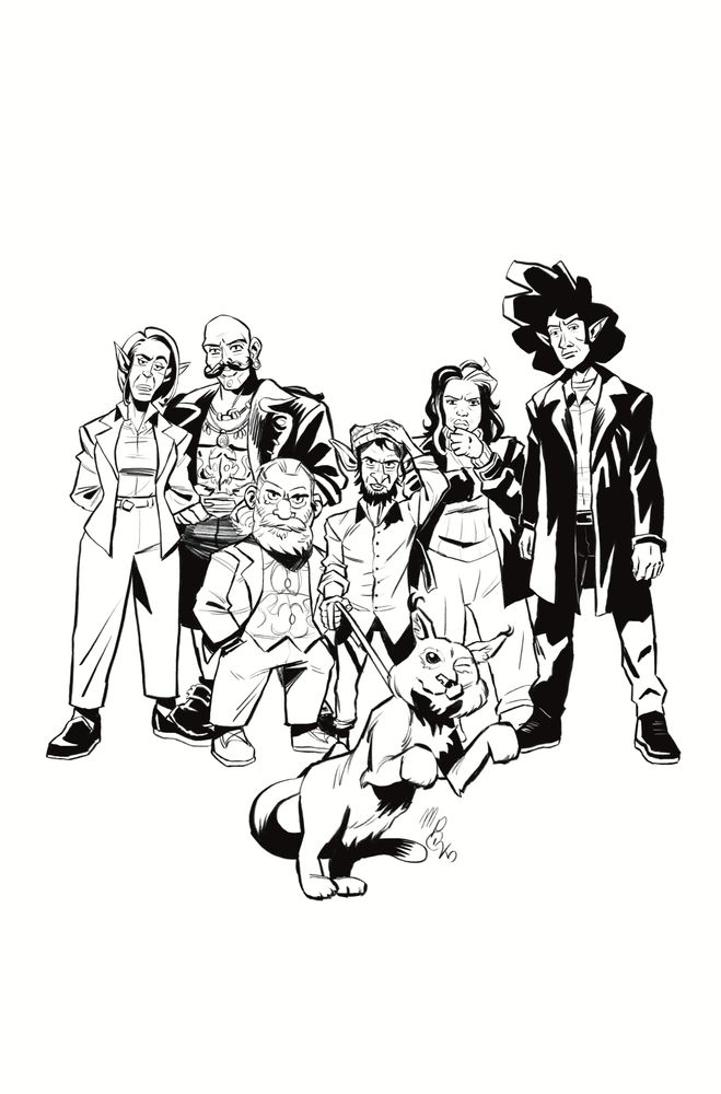 Arana the goblin, DuShane the elf, the Dwarvfather, Breaker the goblin holding Snacks the lynx on a leash, Strangelight the dwarf, and an unknown elf on the end. Art by Max Pinelli. All lined up like the Snatch poster.