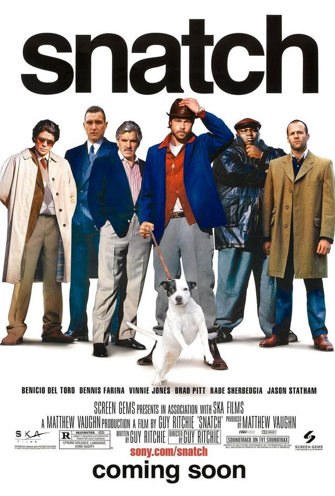 Snatch poster with six characters standing on a white background, and the one in a middle holding a dog on a leash.