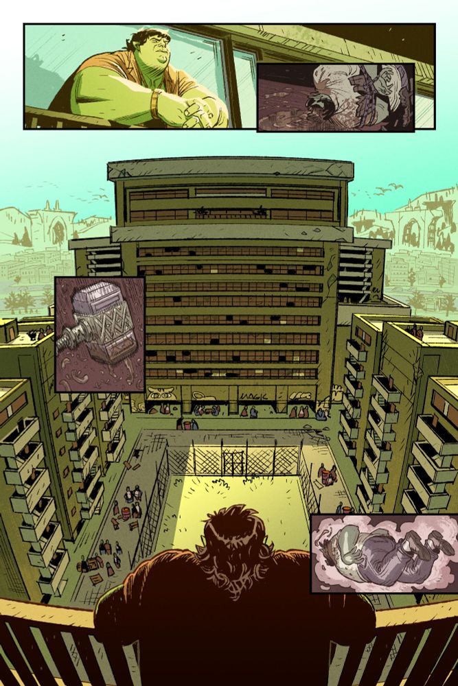 Oz the orc surveys his kingdom from a balcony on the top floor of a project building. Art by Daniele Aquilani. 