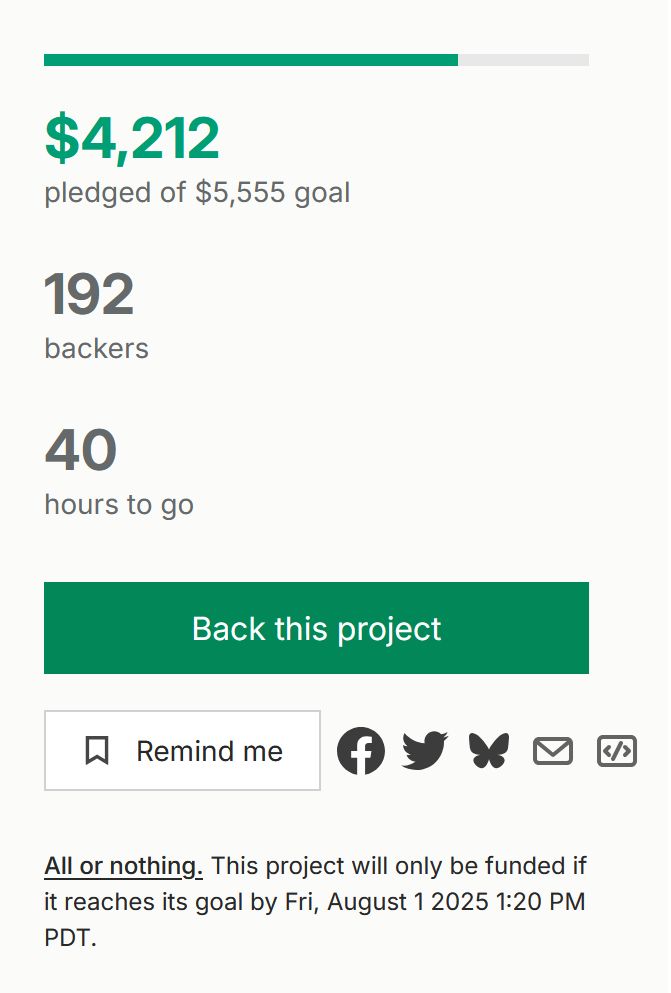 4212/5555. 192 backers. 40 hours to go. BACK THIS PROJECT