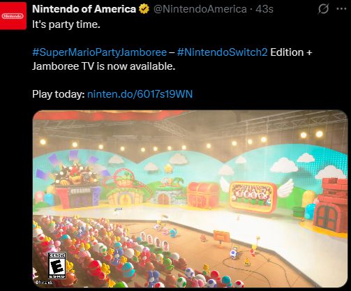A screenshot of a tweet from @NintendoAmerica saying "It's party time." in reference to the launch of the new Switch 2 version of Super Mario Party Jamboree. I've very cleverly taken it out of context, you see.