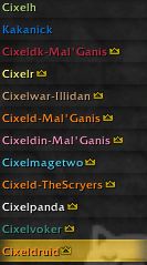 WoW guild roster showing even more "Cixel*" characters online simultaneously