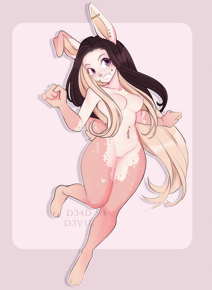 Full body digital sketch of a feminine anthropomorphic bunny posing cute with a bubbly smile. Her fur is a base cream color with pink gradient tips. She has long flowing brown and blonde hair and purple eyes. Her right ear is lightly folded