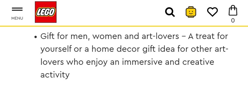 A quote from the Lego website describing a set as a "Gift for men, women and art-lovers"