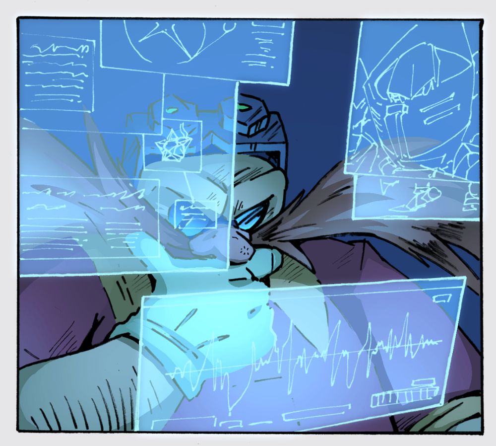 Artwork of Eggman looking at some hologram screens with a thoughtful expression.