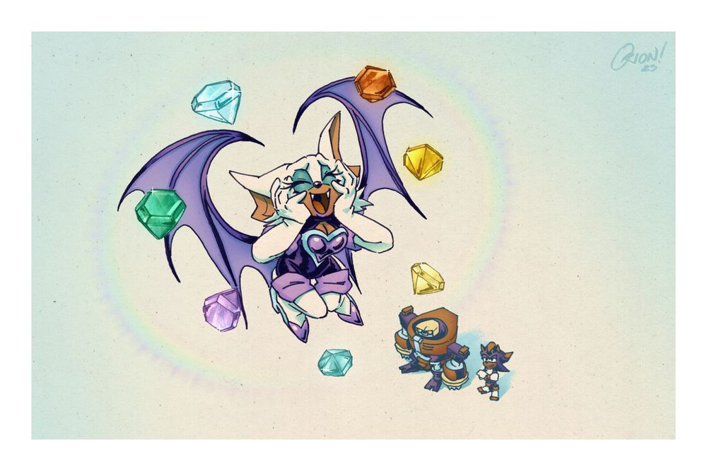 An illustration of Rouge with her hands to her face in glee, she is mid-air with her wings curled up into the shape of a heart. Seven Chaos Emeralds hover around her, glowing and creating a rainbow sheen around them. Shadow and Omega are looking up at her in the background, looking amused. Artists signature reads: “Orion 25”. 