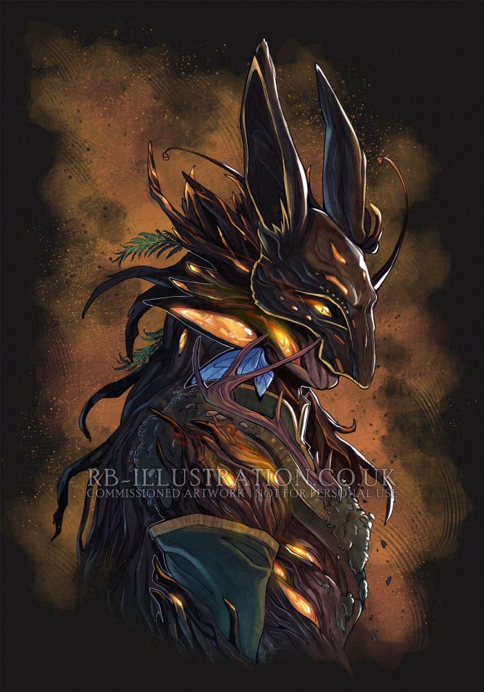 Coloured bust illustration of a character made of wood and amber, facing to the right in profile. There is a dark wooden mask of a hare over her face, and she has intense yellow eyes.