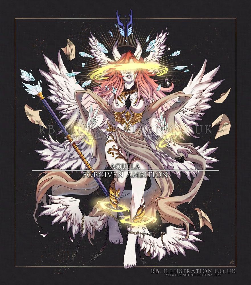Artwork of my aasimar wizard Quil in the style of a lightwarden from FFXIV. They have white skin, long red hair transitioning into white feathers, multiple wings, golden markings on their skin, and a golden halo over their eyes. Above their head floats a shattered blue mask of a kirin, and in their right hand is a blue staff with a broken crystal at the end. Text reads: Aquila: Forgiven Ambition.