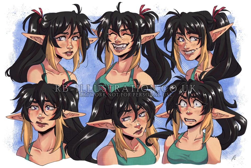 Expression sheet featuring the same character with six different expressions. She has pale skin, long pointed ears, long black hair in a ponytail with blonde streaks on each side, and a cyan coloured tank top. Her expressions range from concern, to laughter, smiling, sad, annoyed, and alarmed.