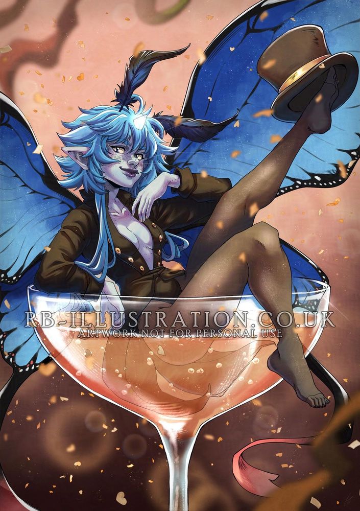 A femme blue fairy character sits in a glass of champagne, smiling. She has fluffy blue hair styled in a long mullet, moth antennae, wings like a blue morpho, and a small glowing unicorn horn. They're wearing a black tailcoat with dark glittery tights, and are balancing a top hat on one foot with a smile. Streamers and confetti fall down around them.