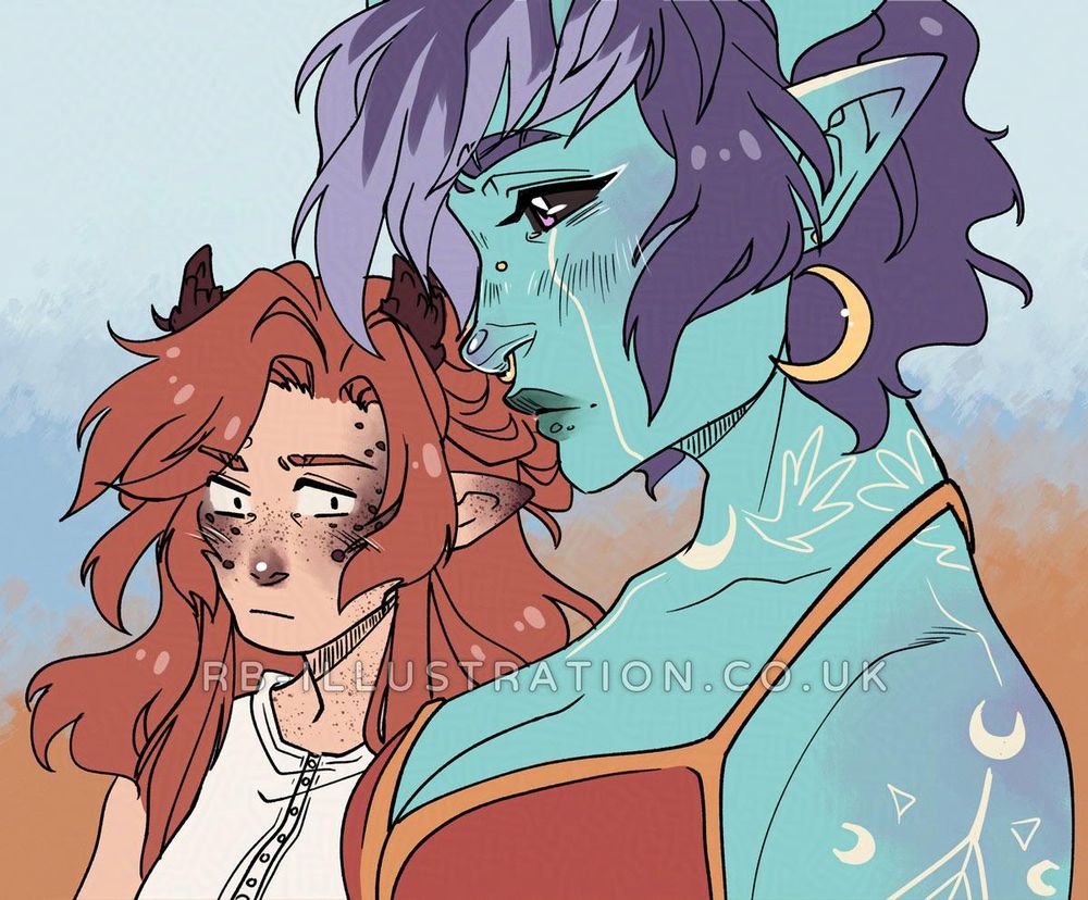 My aasimar wizard Quil, a character with pale skin, red hair, and horns, standing next to their party member Cleo, a genderfluid changeling with teal skin with tattoos, purple hair and a red bathing suit. Quil's eyes are fixed on Cleo's large chest.