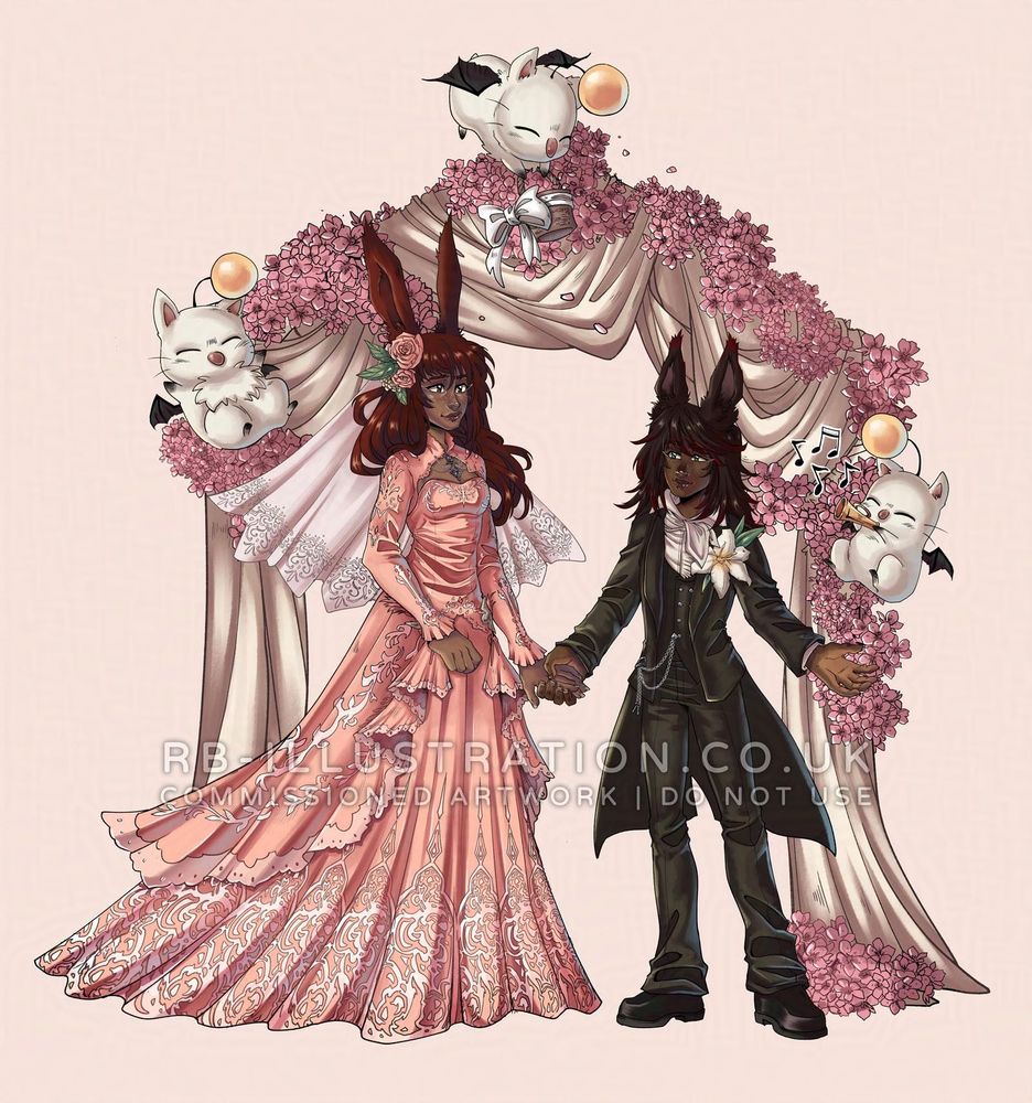 Two viera (rabbit people) characters from FFXIV, standing in front of an arch of white fabric and cherry blossom petals on a pink background. The female character is taller with light brown skin, red hair, and a long pink wedding dress with a veil. The male character is shorter with darker brown skin, dark brown hair with red highlights, and a black tailcoat. Around them, a group of moogles are flying, playing instruments and throwing petals.