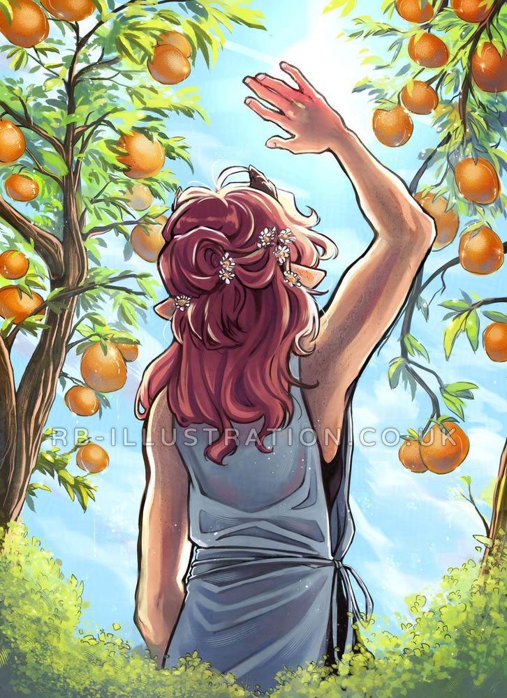 My character Quil, a red-haired, pale-skinned androgynous figure in a blue tunic, stands with their back to the viewer in an orange grove, with their hand raised to shield their eyes from the sun.