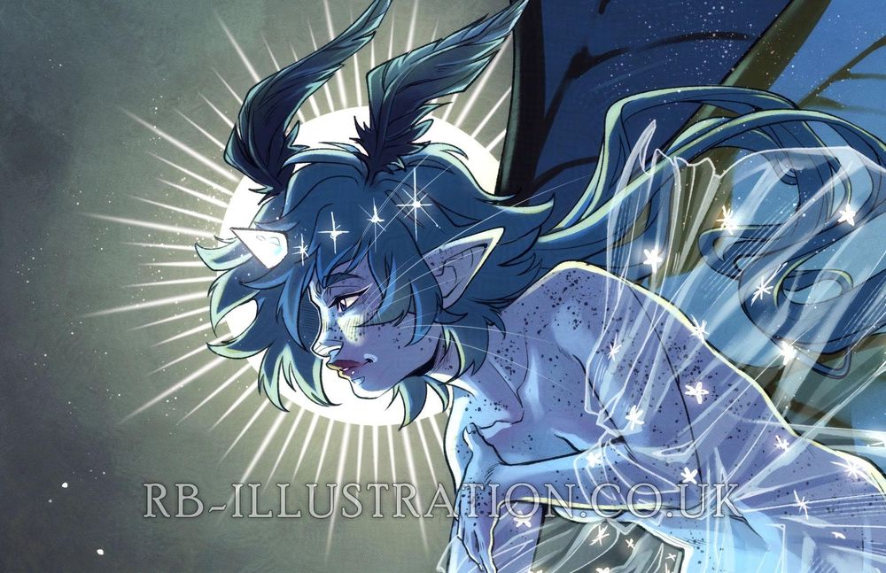 Cropped image from a larger illustration showing my original character Sydni, a femme blue fairy with moth antennae and a unicorn horn, with a halo of light around their head. They have sheer material wrapped around them and are smiling. The image is a reference to the painting Spirit of the Night by John Atkinson Grimshaw.