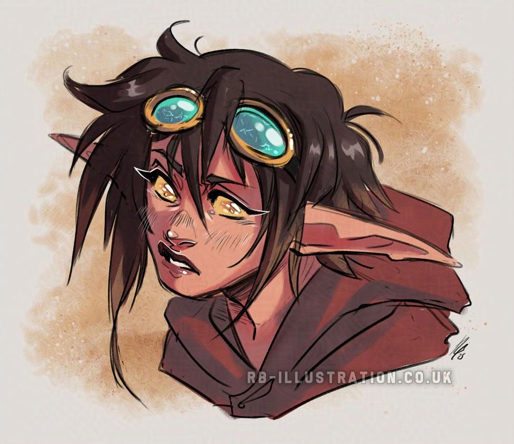 Coloured bust sketch of a male elf character with long pointed ears, golden eyes with no pupils, goggles on his head with turquoise lenses, and a frown on his face.